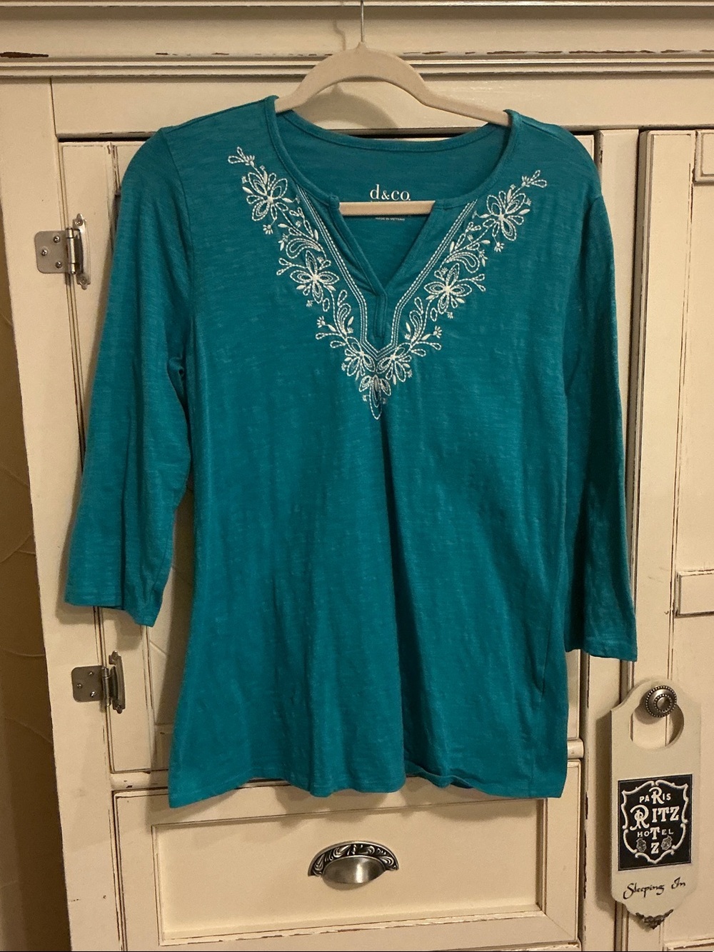 Teal Embroidered V-Neck Long Sleeve Top